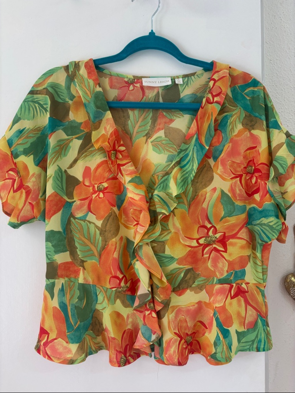 Sunny Leigh Tropical Floral Ruffle Blouse in Orange, Green & Yellow